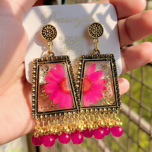 Hot Pink Pressed Flower Statement Earrings | Gold Leaf Terrarium Rectangles with Fuchsia Beaded Fringe