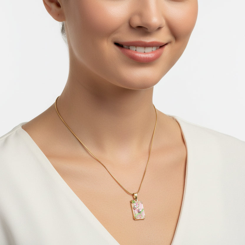 Vintage-Style Pink Enamel Floral Pendant Necklace with Pearls – Gold Snake Chain