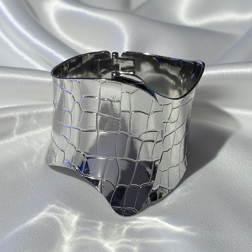 Silver Croc-Embossed Statement Cuff | Hinged Metallic Wide Bangle Bracelet