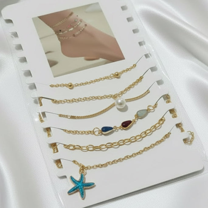 Ocean Breeze Layered Anklet Set (6 Pieces)