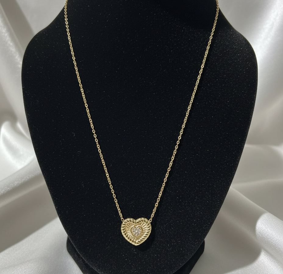 Layering Ready Textured Heart Charm Necklace - Dainty Gold Chain