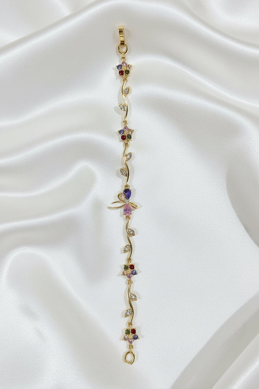 Multicolored Crystal Butterfly & Floral Vine Facelet - Gold-Tone Finish