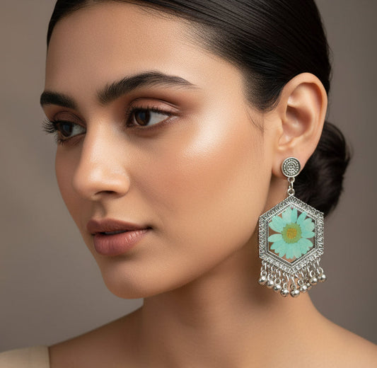 Handmade Resin Flower Earrings with German Silver Jhumkas | Boho & Ethnic Jewelry