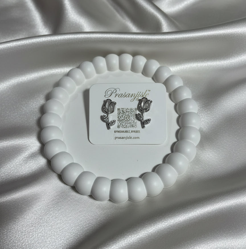 Sterling Silver Tulip Stud Earrings with Zircon Accent