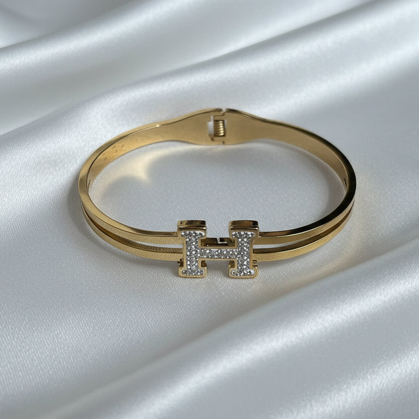 Gold Plated Crystal "H" Motif Bangle | Double Band Designer Style Bracelet | Tarnish-Free Stainless Steel