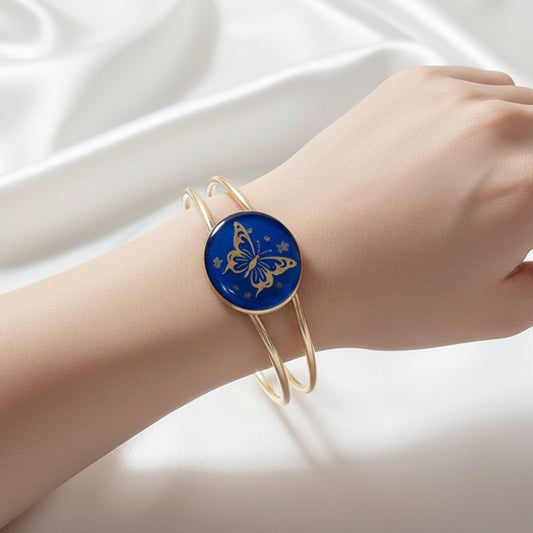 Vintage-Style Gold Butterfly Bangle – Cobalt Blue Enamel & Resin Cuff Bracelet