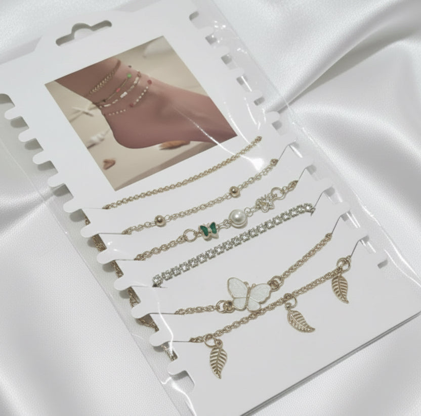 Bohemian Blossom & Butterfly Multi-Layer Anklet Set