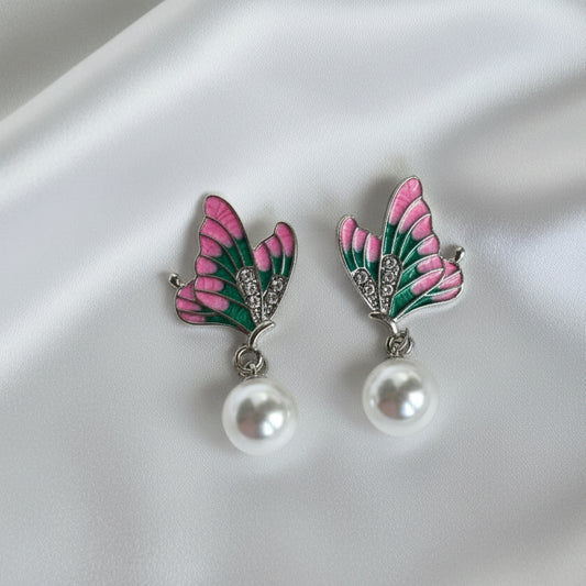 Enamel Butterfly Pearl Drop Earrings | Colorful Monarch Wings Jewelry