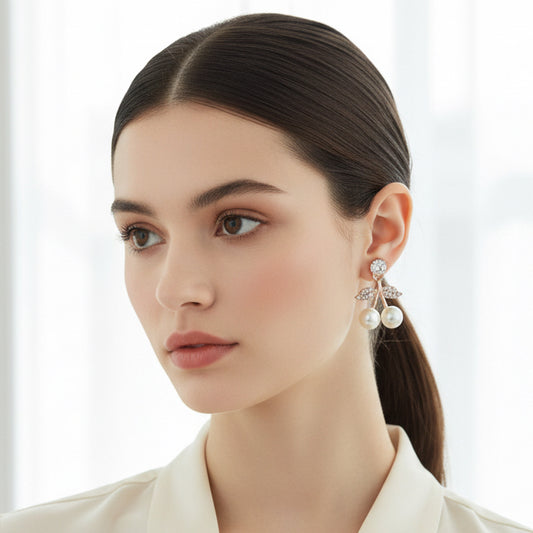 Sparkling Crystal Cherry Drop Earrings with Moon-White Baubles