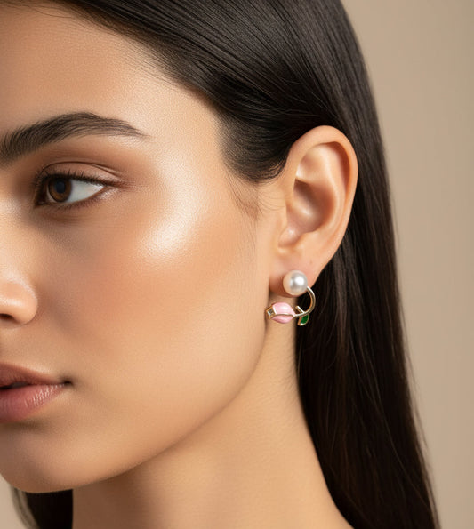 Pearl Stud with Pink Tulip Drop Earrings - Elegant Floral Design