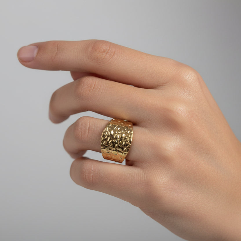 Hammered Gold Wide Band Ring – Adjustable Textured Statement Ring(Free size)
