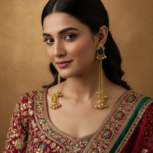 Traditional Kashmiri Long-Chain Jhumka with Emerald