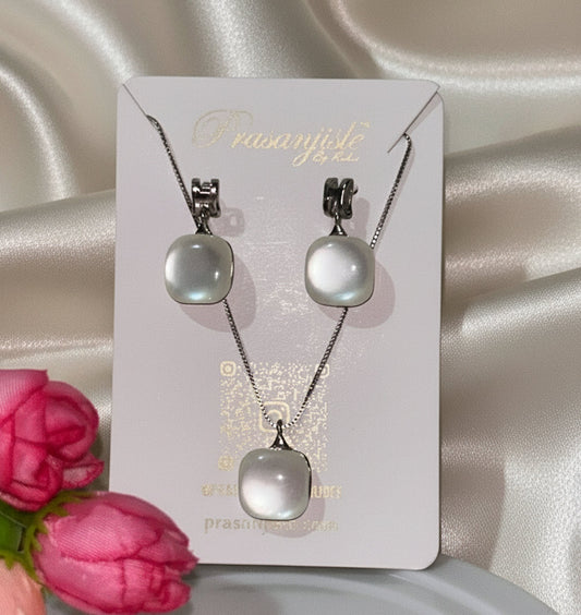 Minimalist White Stone Silver-Tone Jewellery Set
