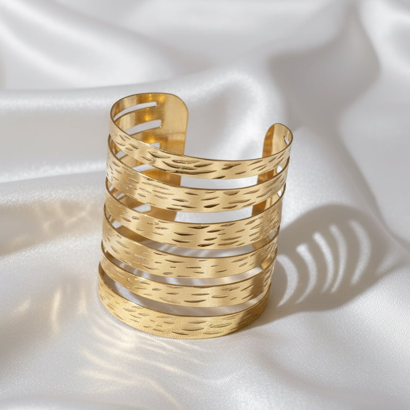 Bohemian Hammered Gold Cuff Bracelet | Wide Multi-Strand Statement Arm Band
