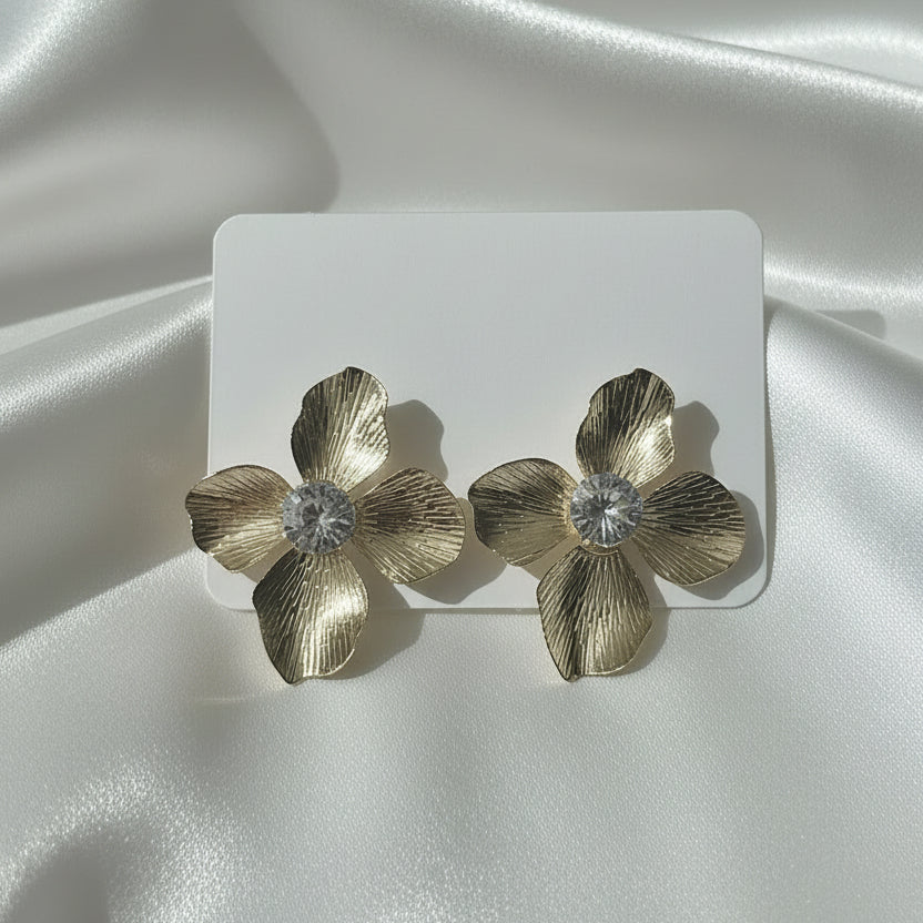 Golden Bloom Statement Earrings – Textured Floral Studs with Crystal Center