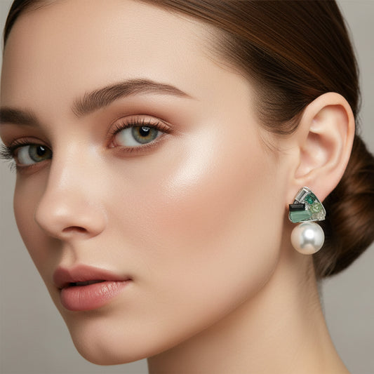 Green Crystal Mosaic Triangular Earrings with Large Pearl Accent