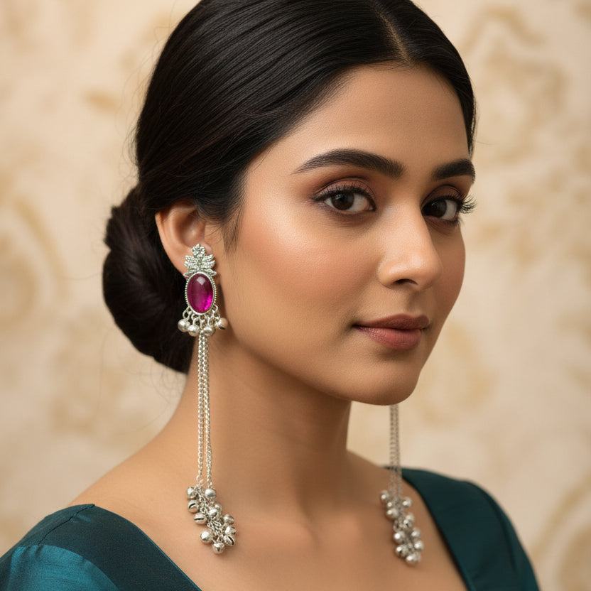 Oxidized Silver Long Chain Jhumka Earrings with Sky Blue Stone & Ghungroo Bells