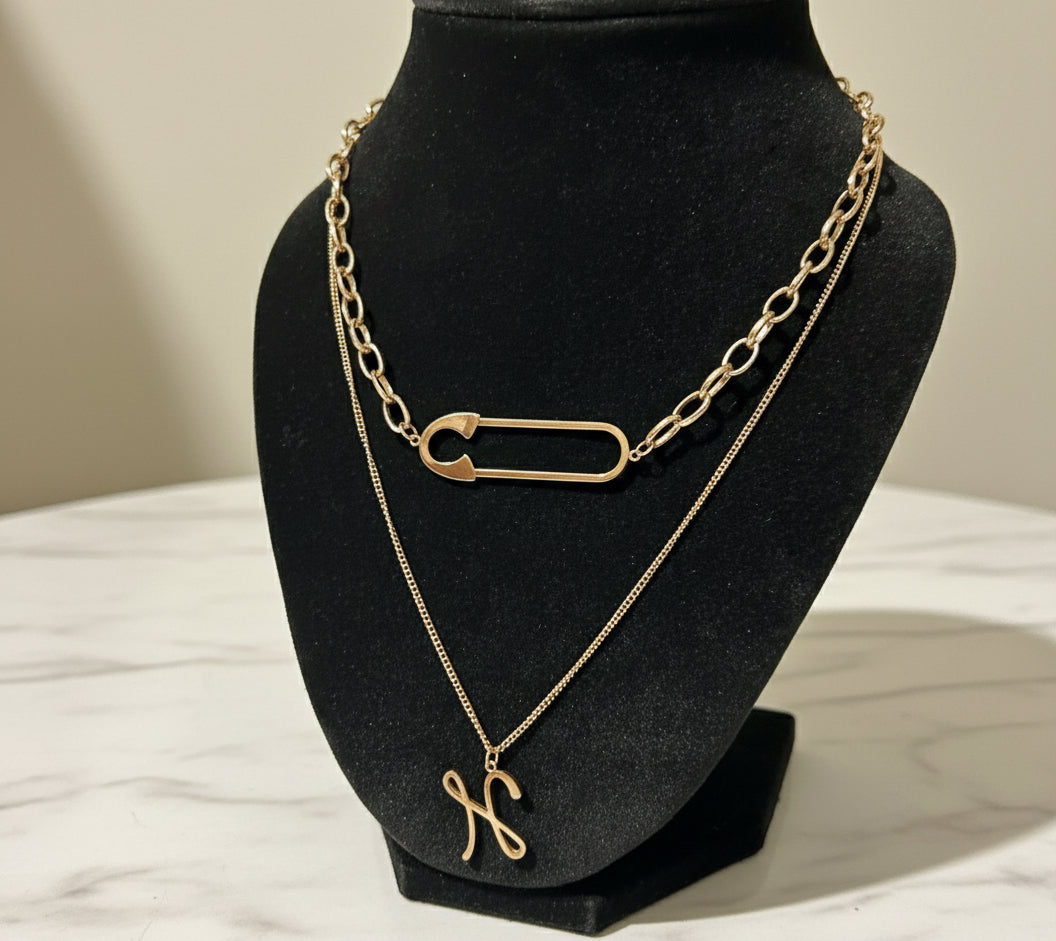 Duo Layered Gold Necklace | Statement Safety Pin