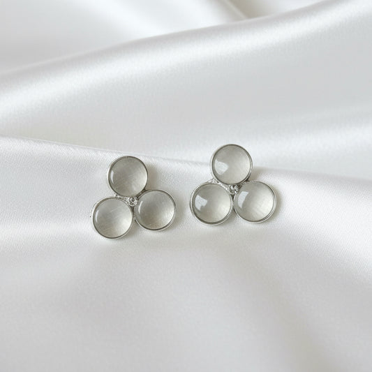 Radiant Cat-Eye Triple Cluster Studs – Shimmering Silver-Tone