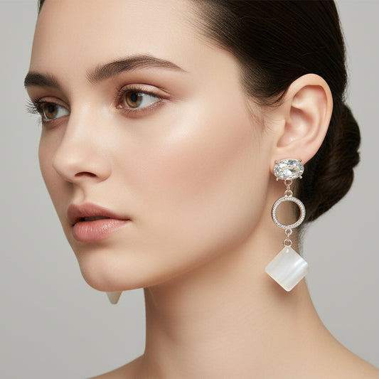 Modern Geometric Drop Earrings with Crystal Studs and Rose Gold Accents