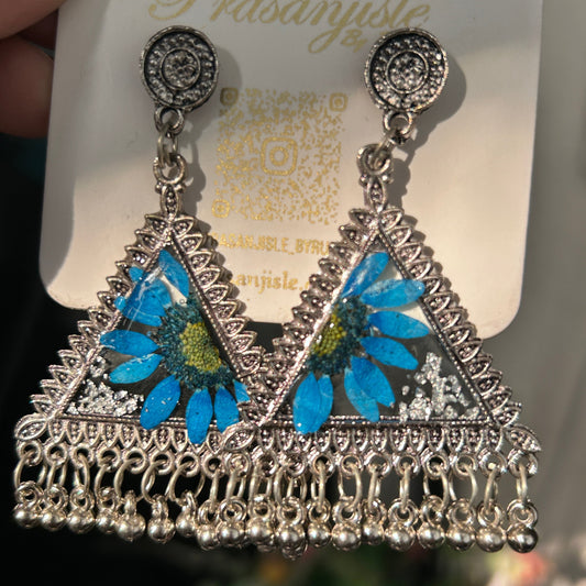 Bohemian Oxidized Silver Triangle Jhumka Earrings with Real Pressed Blue Flowers