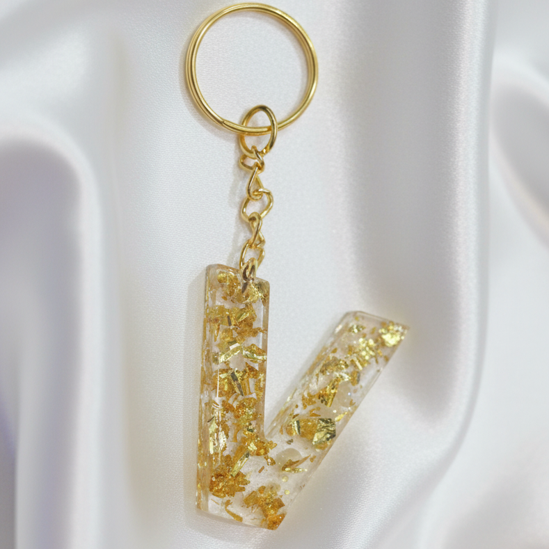 Handcrafted Resin Letter "R" Keychain with Red Rose and Gold foil– Personalized Romantic Gift
