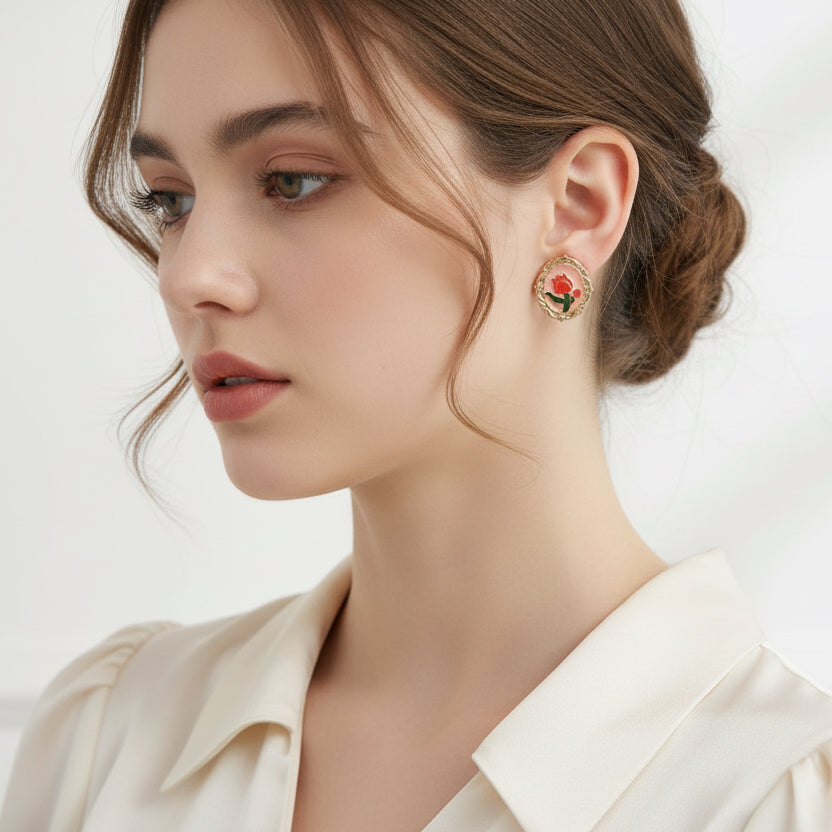 Vintage-Inspired Floral Enamel Studs – Peach & Crimson Rose Button Earrings with Gold-Tone Border