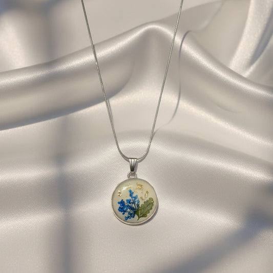 Resin Necklace - Round Silver Botanical Pendant - Pressed Flower Jewelry
