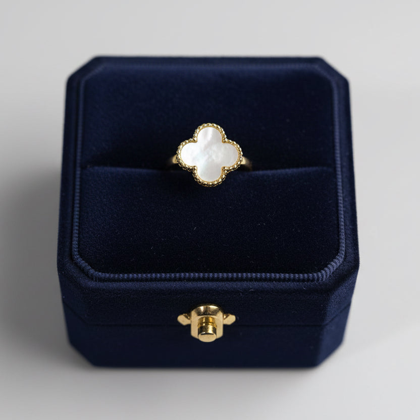 Minimalist Gold Alhambra-Style Clover Ring - White Shell
