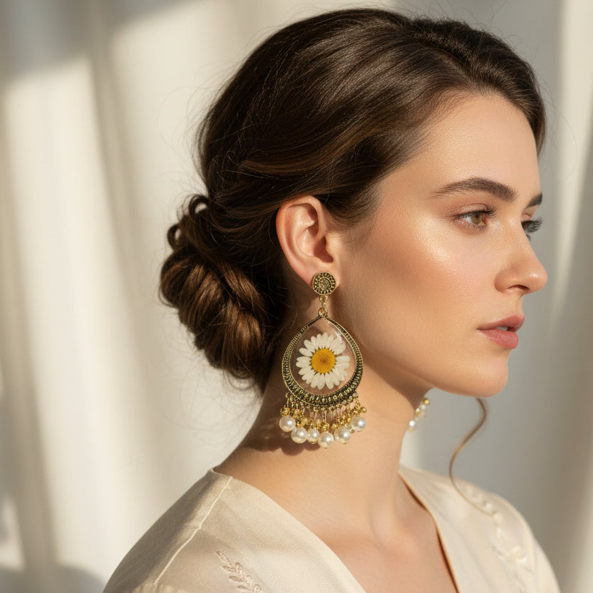White Daisy Pressed Flower Teardrop Earrings | Antique Gold Botanical Drops with Pearl-Style Accents