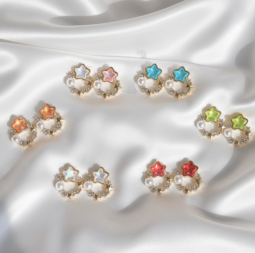 Y2K Fairy-core Star Hoop Studs | Pearl & Crystal Dainty Earrings