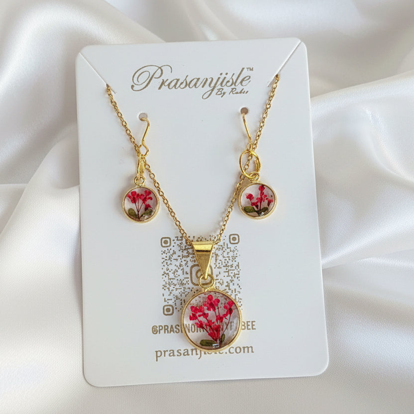 Real red Flower Resin Jewelry Set | Gold Plated Necklace & Earring Set | Botanical Handmade Gift for Her