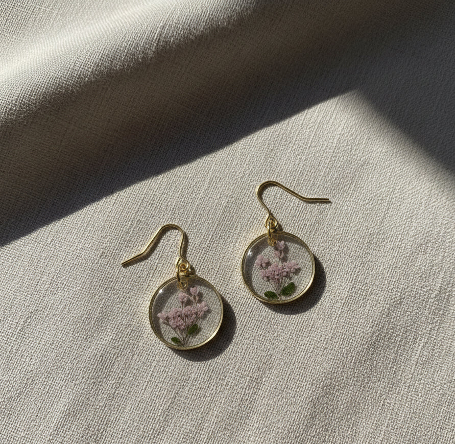 Pressed Pink Heather Flower Resin Earrings