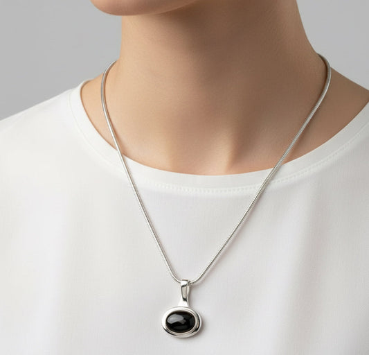 Oval Black Stone Pendant Necklace(Unisex)