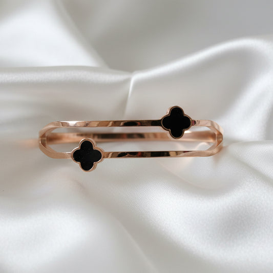 Chic Rose Gold Clover Bracelet with Black Enamel Accents