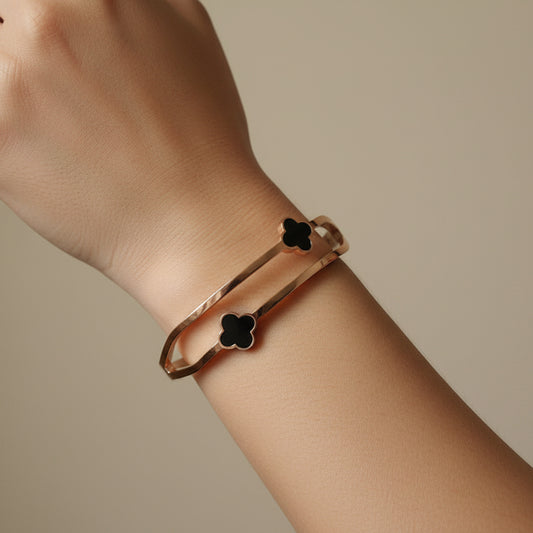 Chic Rose Gold Clover Bracelet with Black Enamel Accents