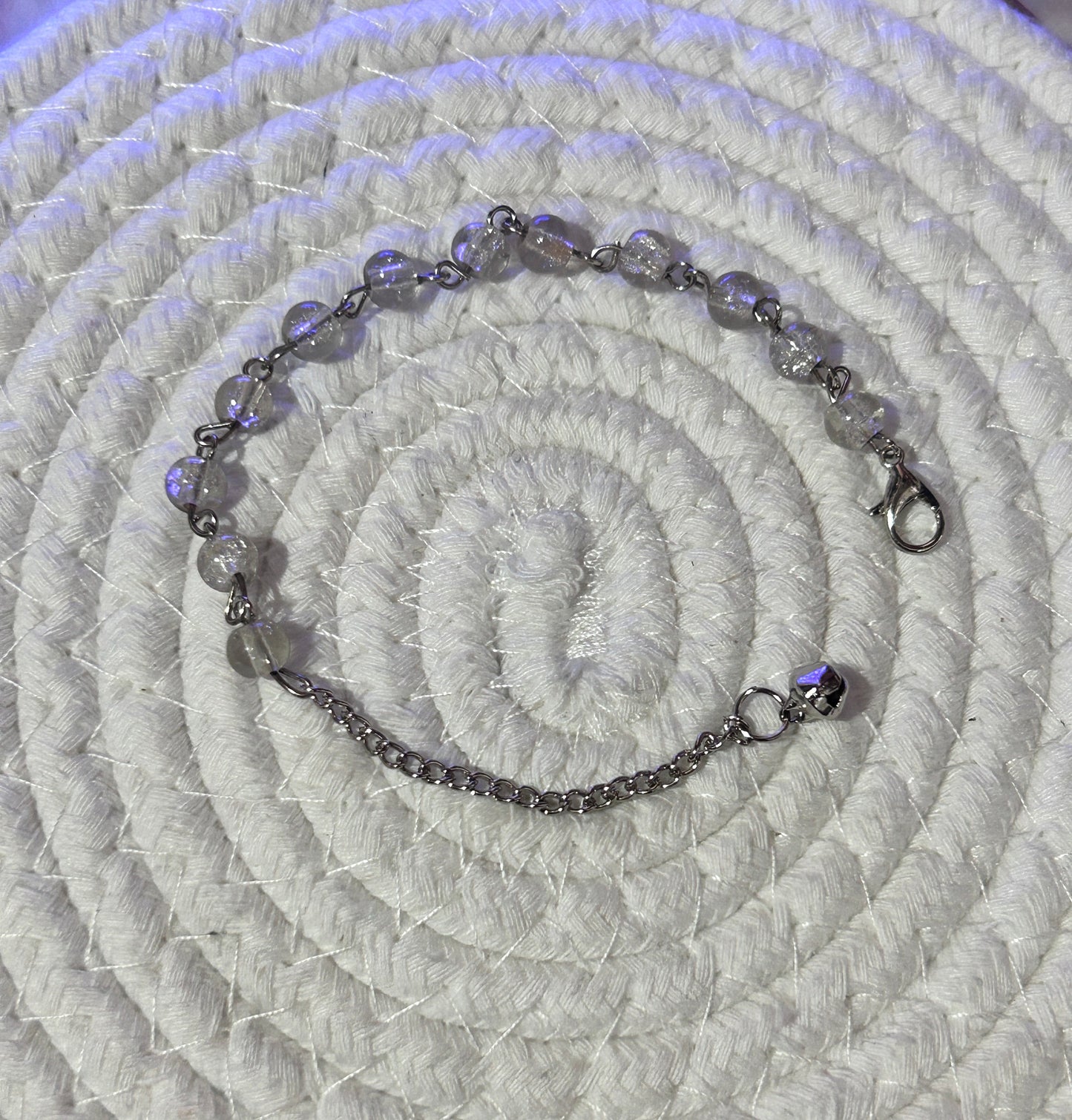 Pastel Beaded Bracelet with Silver Jingle Bell Charm - Adjustable Dangle Chain