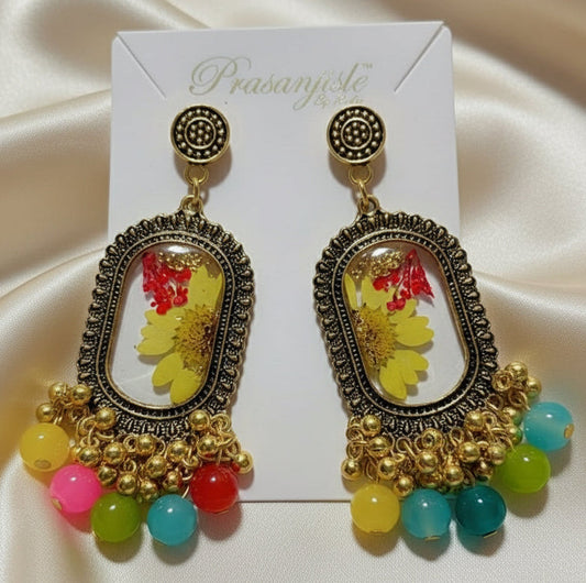 Bohemian Resin Flower Drop Earrings | Jhumka Style with Colorful Gemstone Drops