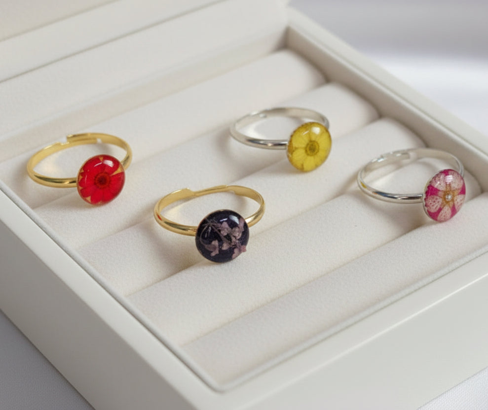 Eternal Spring: Real Pressed Flower Resin Rings in Gold & Silver