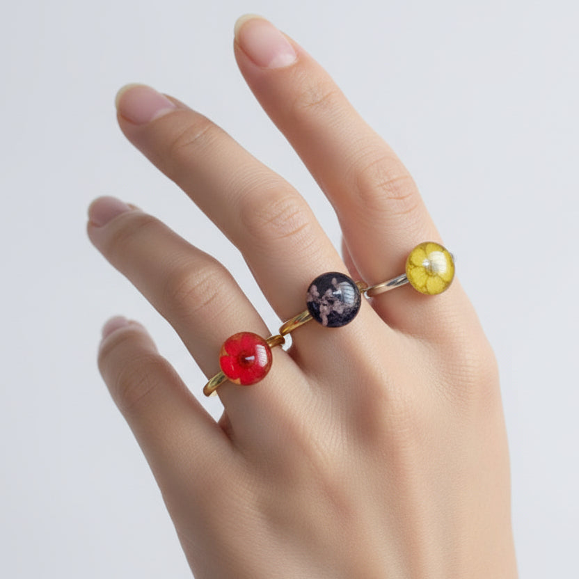 Eternal Spring: Real Pressed Flower Resin Rings in Gold & Silver