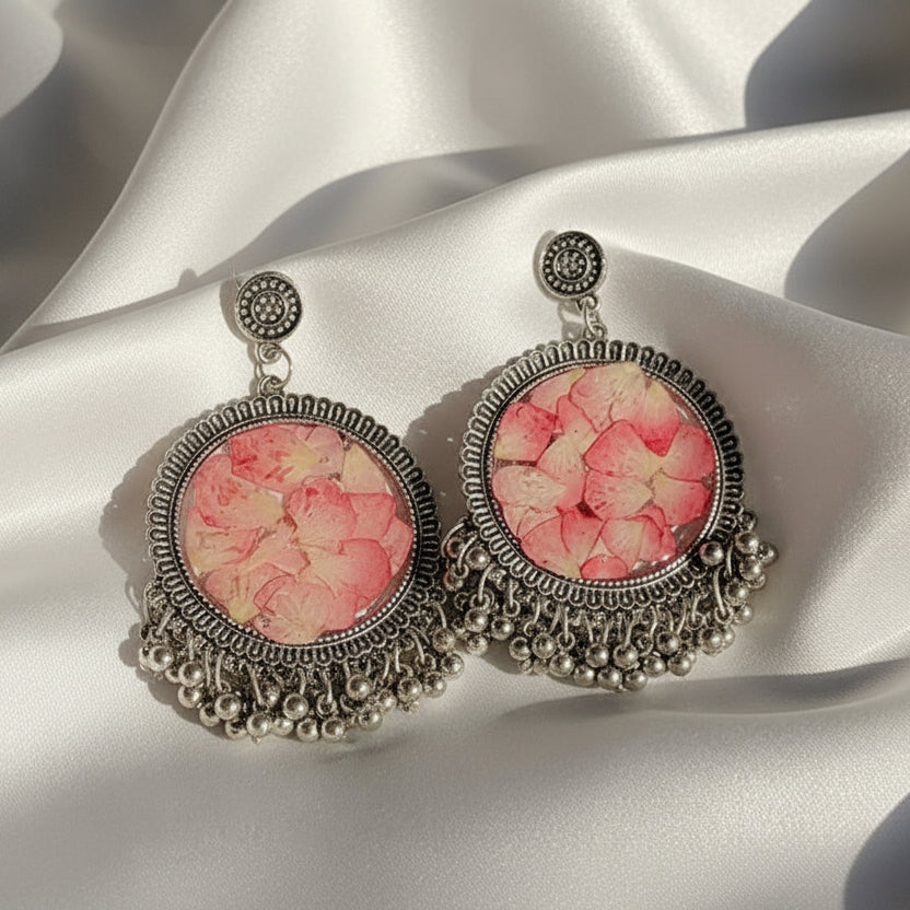 Vintage-Style Pink Rose Petal Statement Earrings – Silver Beaded