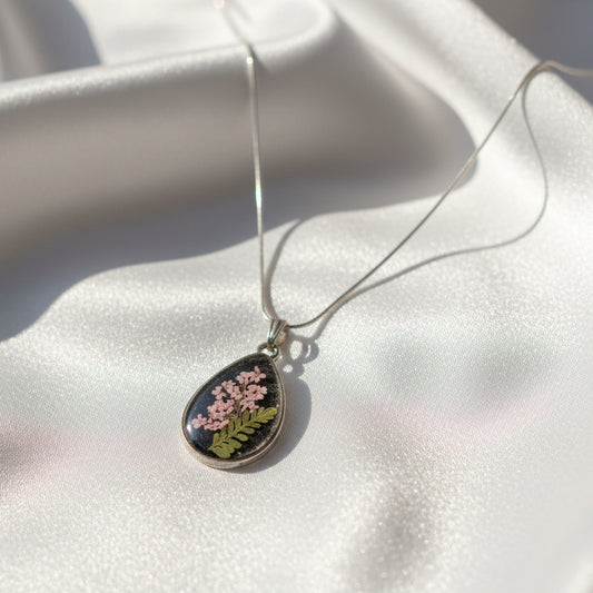 Real Pressed Flower Necklace - Pink & Black Teardrop Pendant