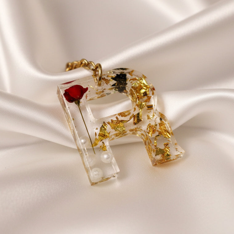 Handcrafted Resin Letter "R" Keychain with Red Rose and Gold foil– Personalized Romantic Gift