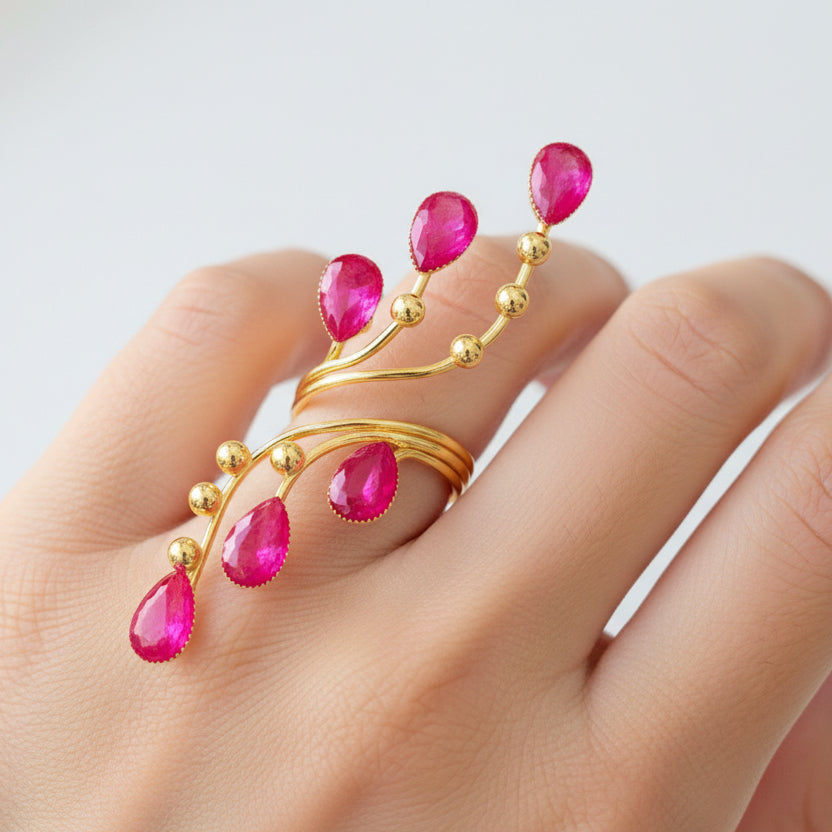 Hot Pink Floral Full Finger Ring – Gold Vine Armor Ring – Statement Fuchsia Teardrop Ring – Botanical Statement Jewelry