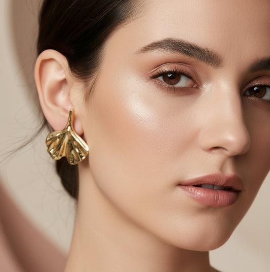 Golden Ginkgo Leaf Stud Earrings