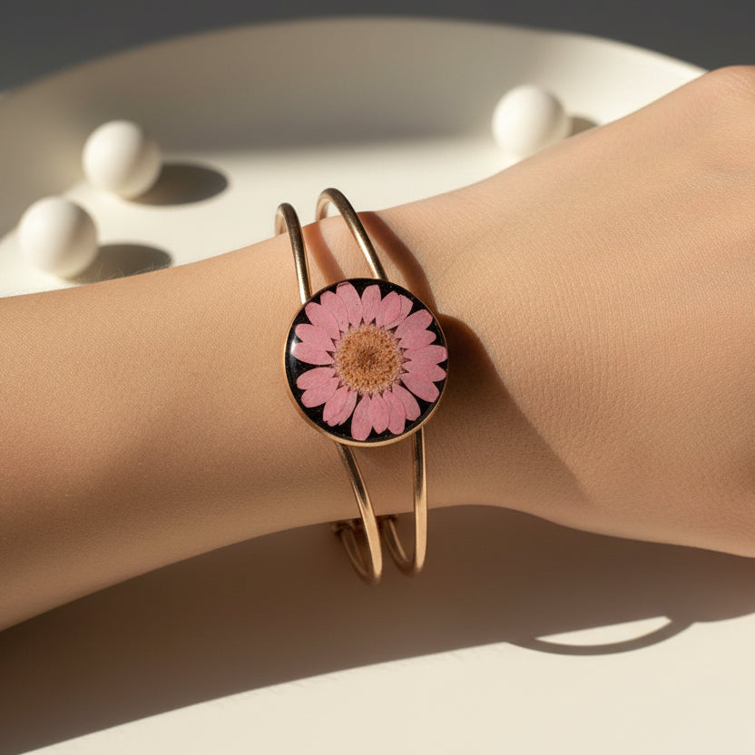 Pink Daisy Botanical Bracelet – Rose Gold Tone Minimalist Bangle