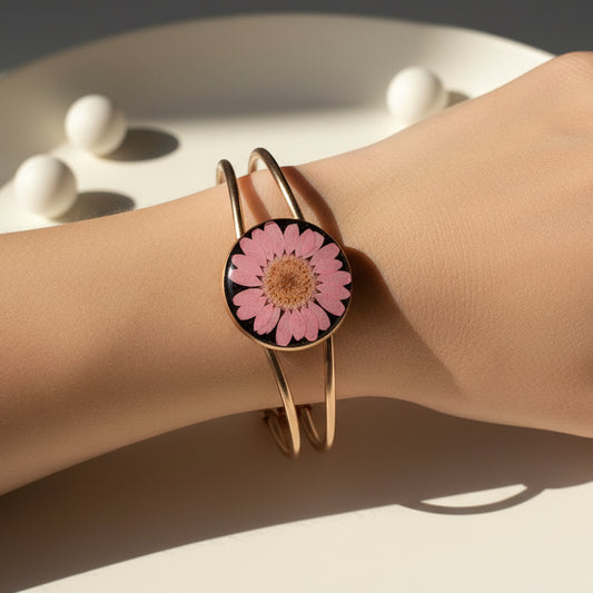 Pink Daisy Botanical Bracelet – Rose Gold Tone Minimalist Bangle