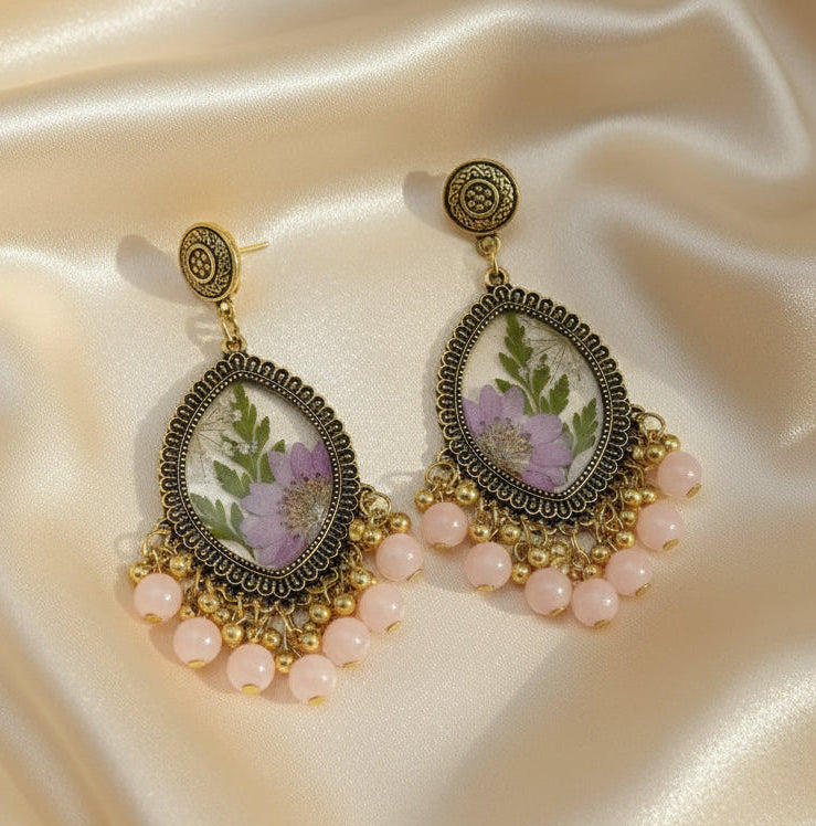 Real Flower Jhumka Earrings - Antique Gold Tone Dangle with Pink Bead Drops