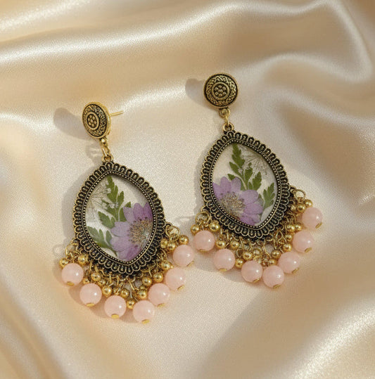 Real Flower Jhumka Earrings - Antique Gold Tone Dangle with Pink Bead Drops
