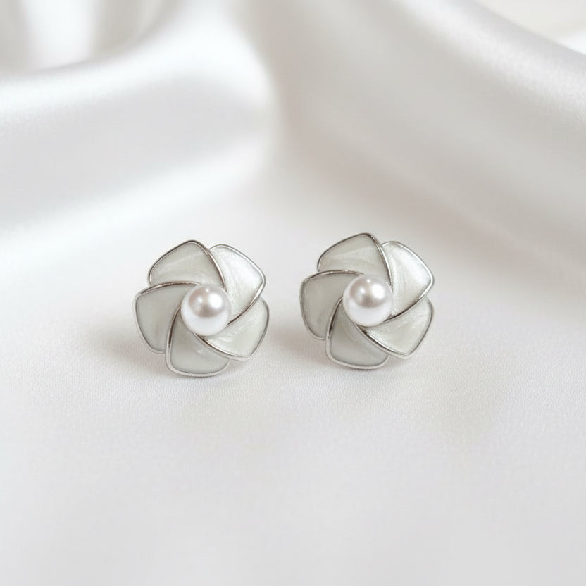 Elegant Camellia Blossom Pearl Stud Earrings – Cream Enamel Floral Design